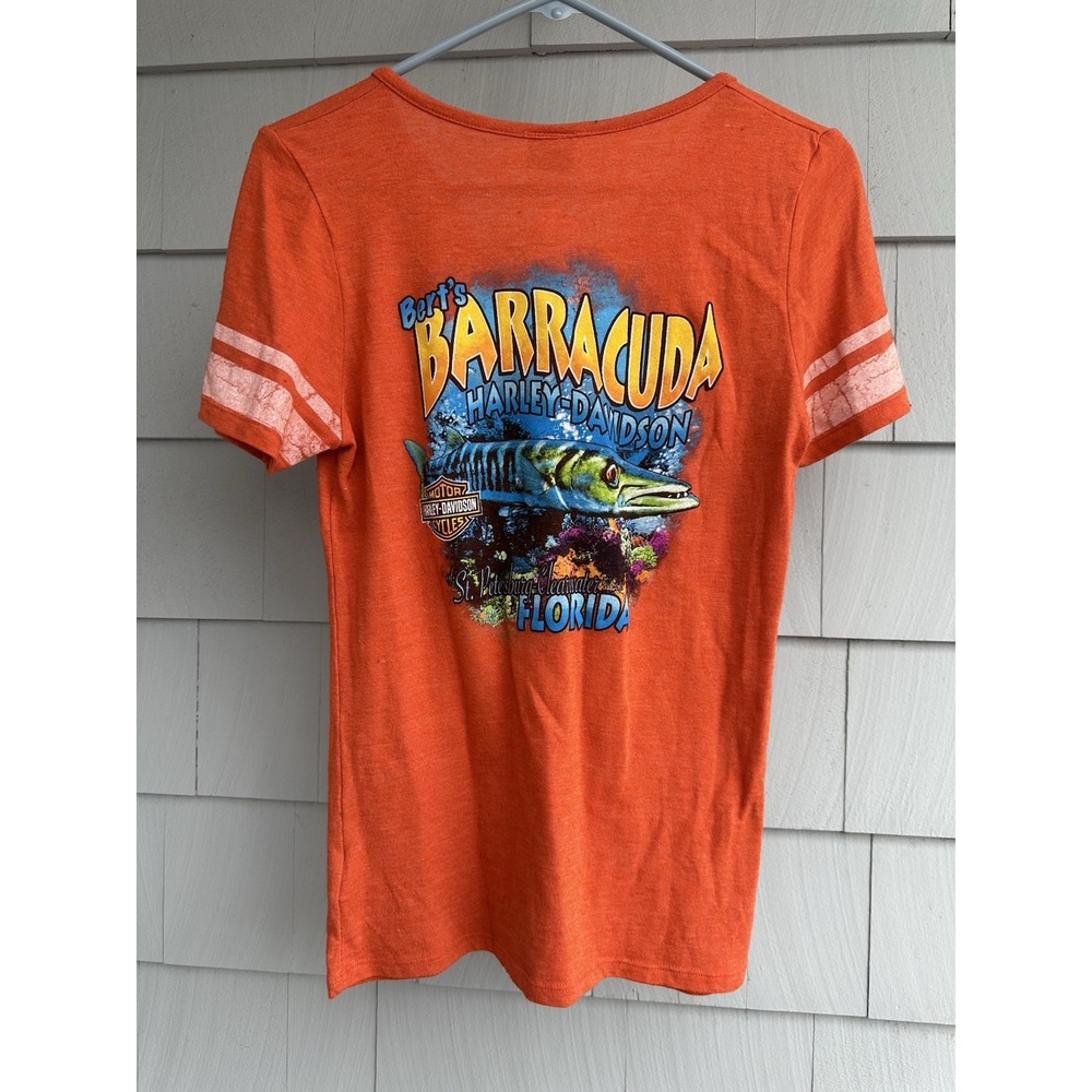 Harley-Davidson Women's Tee M Bert's Barracuda Florida V-Neck Orange Shirt‎